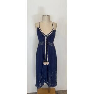 Cupshe Dress Womens Medium Navy Blue Lace Midi Boho Fringe Pom Pom Summer Party